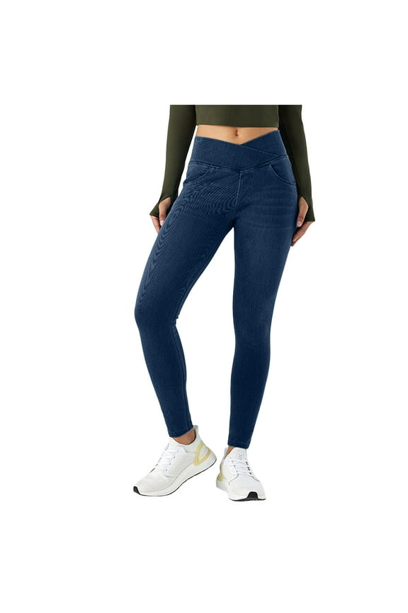 Women's High Waisted Cross-Over Jeggings Pants Stretchy Tummy Control Skinny Jean Leggings with Pockets Dark Blue, XS