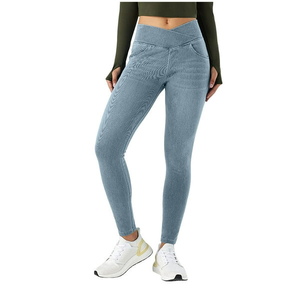 vigerkar Women's High Waisted Cross-Over Jeggings Pants Stretchy Tummy Control Skinny Jean Leggings with Pockets Light Blue, L