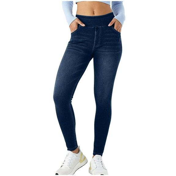 vigerkar Skinny Jeans for Women, Stretchy High Waisted Leggings Trendy Tummy Control Demin Jegging with Pockets Dark Blue, L