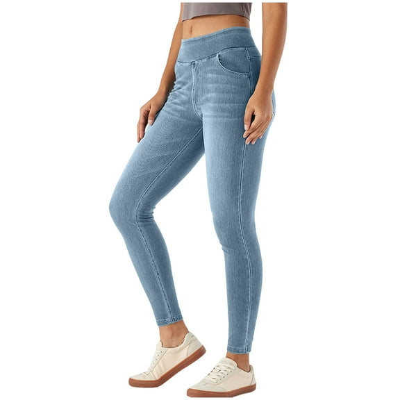 vigerkar Women's High Waisted Jeggings Pants Stretchy Tummy Control Skinny Jean Leggings with Pockets 2025 Light Blue, XL