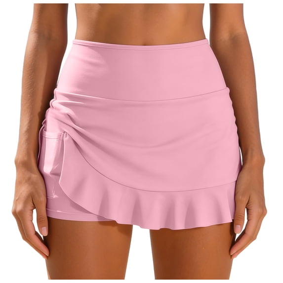 vigerkar Women's High Waisted Ruffle Swim Skirts with Short Tummy Control Ruched Bikini Swimsuit Bottoms (Pink, S)