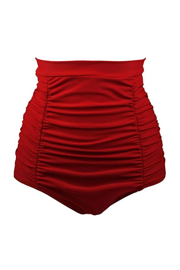 Women's High Waisted Swimsuit Bottom Tummy Control Ruched Bikini Bottom Vintage Swim Bottom Tankini Briefs Red, M