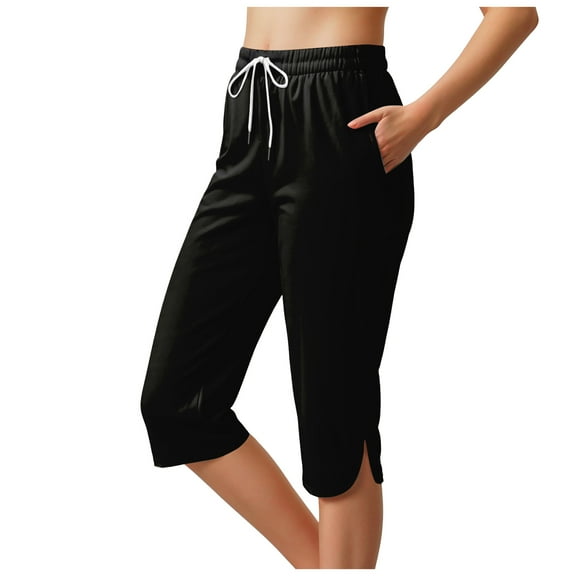 vigerkar Women's High-Waisted Yoga Pants – Side-Slit Workout Capris with Pockets, Athletic Stretch Lounge Pants Black, XXL