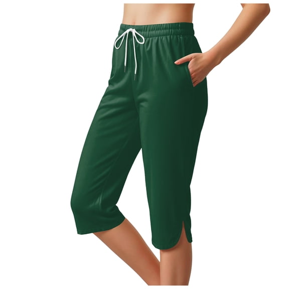 vigerkar Women's High-Waisted Yoga Pants – Side-Slit Workout Capris with Pockets, Athletic Stretch Lounge Pants Dark Green, M