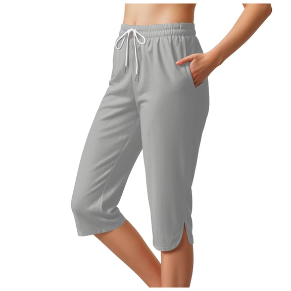 vigerkar Women's High-Waisted Yoga Pants – Side-Slit Workout Capris with Pockets, Athletic Stretch Lounge Pants Light Gray, L