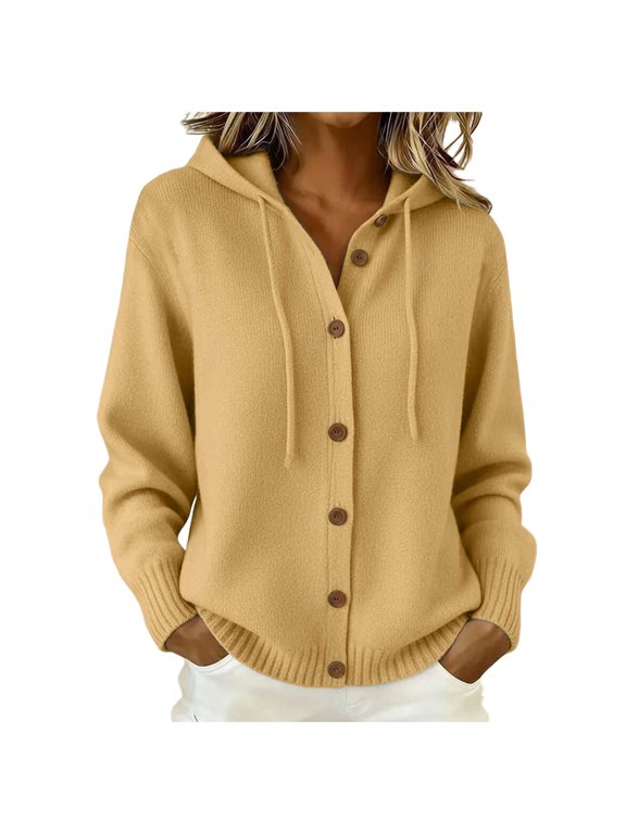 Women's Hooded Cardigan Button Down Knit Sweater Jacket | Hooded Knit Button Front Drawstring Hood Ribbed Hem Relaxed Casual Everyday Layer Soft Comfy Chic (Khaki, M)