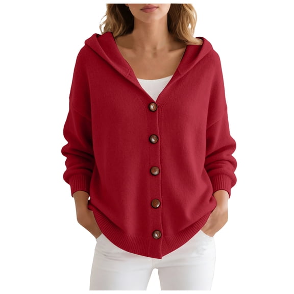 vigerkar Women's Hooded Cardigan Solid Color Sweaters Button Down Open Front Knit Outerwear Coats (Wine, 8XL)