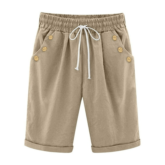 vigerkar Women's Knee Length Bermuda Shorts Elastic Waist Drawstring 10" Long Shorts Loose Fit Plus Size Summer Beach Short Khaki, 3XL