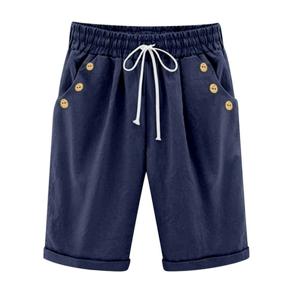 vigerkar Women's Knee Length Bermuda Shorts Elastic Waist Drawstring 10" Long Shorts Loose Fit Plus Size Summer Beach Short Navy, XL