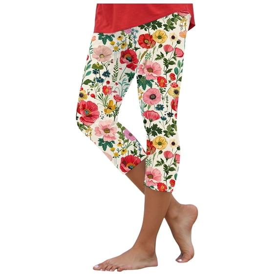 vigerkar Women's Lightweight Soft Print Capri Leggings Crop Leggings 3/4 Stretch Yoga Pants (Watermelon Red, L)