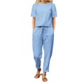 thumbnail image 1 of vigerkar Women's Linen 2-Piece Set - Summer Short Sleeve T-Shirt & Pocket Pants Casual Outfit, Breathable Lounge Wear Blue, XL, 1 of 4