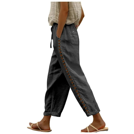 vigerkar Women's Linen Capri Pants with Drawstring Petite Summer Beachwear Lightweight Elastic Waist Pants Dark Gray, XL
