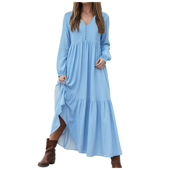 vigerkar Women's Linen Maxi Dress Long Sleeve Casual V-Neck Tiered Ruffle Dress Boho Beach Pleated Long Dress Light Blue, 5XL