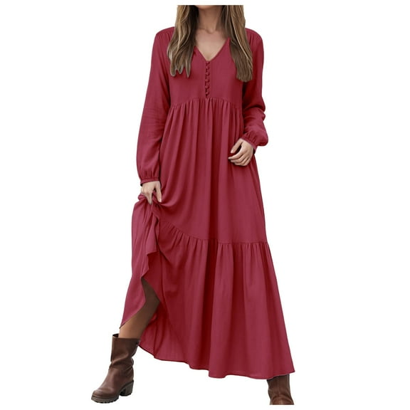 vigerkar Women's Linen Maxi Dress Long Sleeve Casual V-Neck Tiered Ruffle Dress Boho Beach Pleated Long Dress Red, XL
