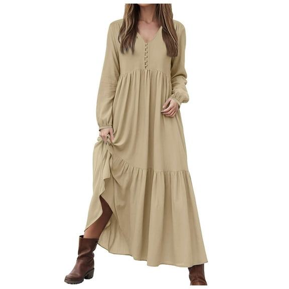 vigerkar Women's Linen Maxi Dress Long Sleeve with Pockets Casual V-Neck Tiered Ruffle Dress Boho Beach Pleated Long Dress Beige, XXXL