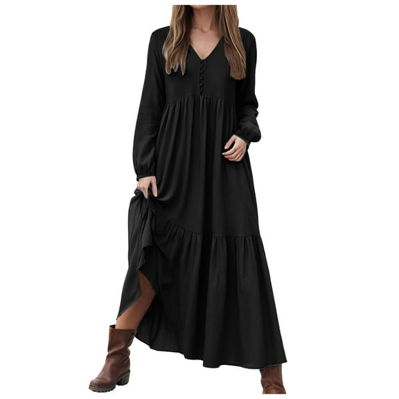 vigerkar Women's Linen Maxi Dress Long Sleeve with Pockets Casual V-Neck Tiered Ruffle Dress Boho Beach Pleated Long Dress Black, XXXL