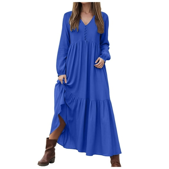 vigerkar Women's Linen Maxi Dress Long Sleeve with Pockets Casual V-Neck Tiered Ruffle Dress Boho Beach Pleated Long Dress Dark Blue, XXL