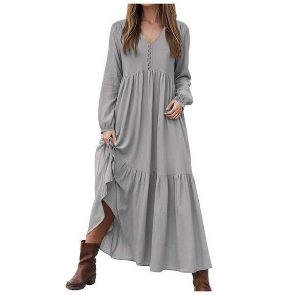 vigerkar Women's Linen Maxi Dress Long Sleeve Casual V-Neck Tiered Ruffle Dress Boho Beach Pleated Long Dress Grey, M