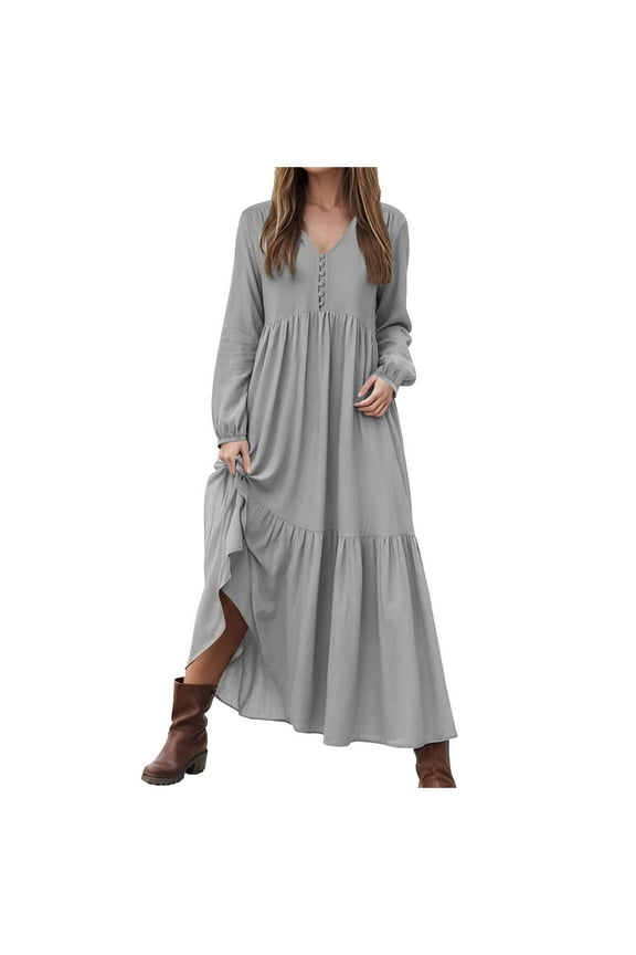 Women's Linen Maxi Dress Long Sleeve Casual V-Neck Tiered Ruffle Dress Boho Beach Pleated Long Dress Grey, M