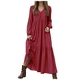 thumbnail image 1 of vigerkar Women's Linen Maxi Dress Long Sleeve with Pockets Casual V-Neck Tiered Ruffle Dress Boho Beach Pleated Long Dress Red, XXXL, 1 of 9