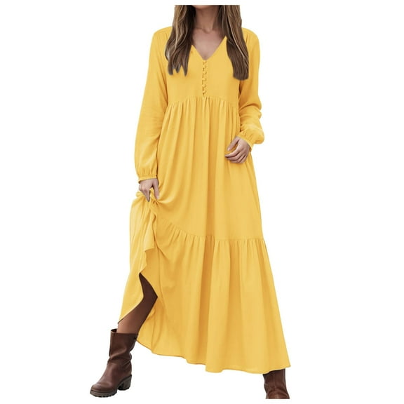 vigerkar Women's Linen Maxi Dress Long Sleeve with Pockets Casual V-Neck Tiered Ruffle Dress Boho Beach Pleated Long Dress Yellow, XXXXXL