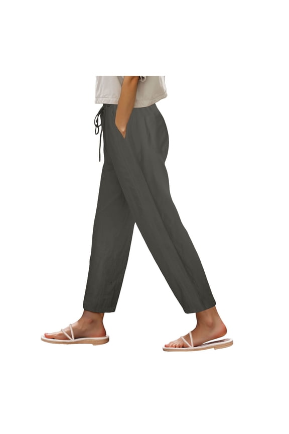 Women's Linen Pants with Drawstring & Split Hem - Summer Casual Linen Trousers Elastic Waist Lightweight Capris Dark Gray, L