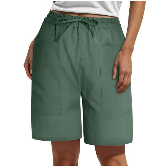 vigerkar Women's Linen Shorts Casual Bermuda Long Linen Shorts High Waisted Comfy Summer with Pockets 5" 10" Green, XL