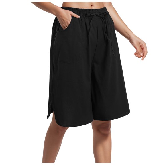 vigerkar Women's Linen Shorts Casual Bermuda Long Linen Shorts High Waisted Comfy Summer with Pockets Black, L