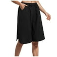thumbnail image 1 of vigerkar Women's Linen Summer Shorts Casual Bermuda Wide Leg Mid Length High Waisted Drawstring Quick Dry Short with Pocket Black, S, 1 of 5