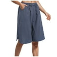 thumbnail image 1 of vigerkar Women's Linen Summer Shorts Casual Bermuda Wide Leg Mid Length High Waisted Drawstring Quick Dry Short with Pocket Navy, S, 1 of 9