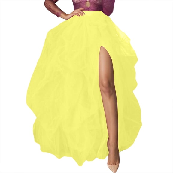 vigerkar Women's Long Maxi Tulle Special Occasion Bustle Night Out Skirt (Yellow, A)