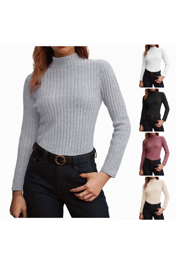 Women's Long Sleeve Tops Mock Neck Ribbed Knit Slim Fit Pleated Basic T Shirts Lightweight Sweater Going Out Clothes (Black, XXL)