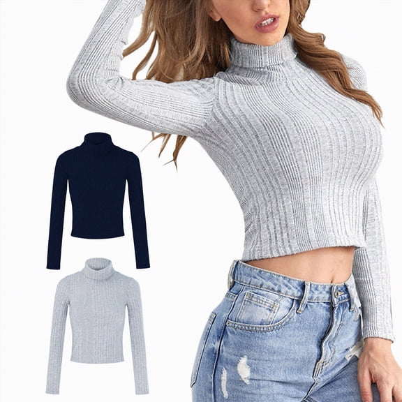 vigerkar Women's Long Sleeve Turtleneck Cropped Sweater Ribbed Cable Knit Pullover Jumper Solid Sweater Crop Tops (Black, XL)