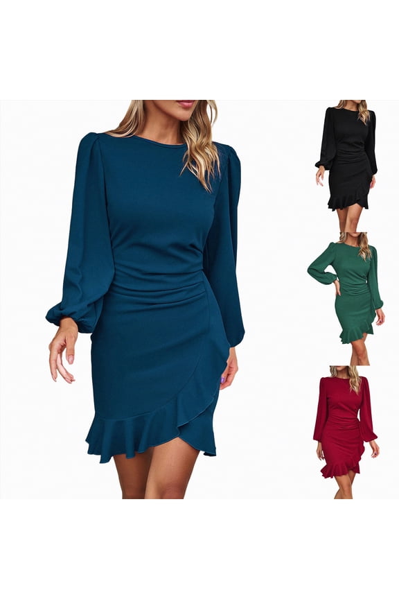 Women's Long Sleeves Bodycon Mini Dress Ruched Puff Sleeve Ruffle Hem Round Neck Pencil Cocktail Party Dresses (Black, M)