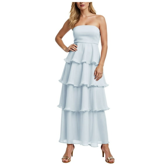 vigerkar Women's Maxi Dress 2025 Summer Off Shoulder Smocked Tiered Ruffle Long Flowy Dresses Casual Beach Sundress Blue, L