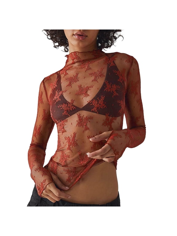 Women's Mesh Lace Long Sleeve Top Neck Sheer Blouse Floral Lace Layering Tops Y2k See Through Tee Shirt (Red, S)