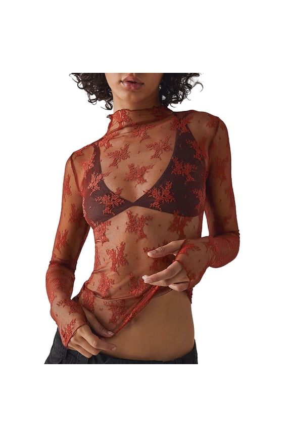 Women's Mesh Lace Long Sleeve Top Neck Sheer Blouse Floral Lace Layering Tops Y2k See Through Tee Shirt (Red, S)