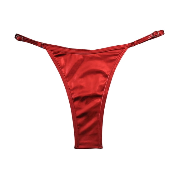 vigerkar Women's Metallic Bikini Bottoms Shiny Swimwear Bottom Low Waist Adjustable Waist Bathing Suit Thong (Red, L)