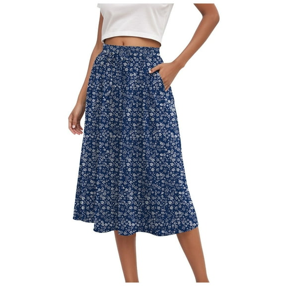 vigerkar Women's Midi Skirts High Waisted Pleated A-Line Swing Skirts Summer Floral Long Skirts with Pockets Blue, XL