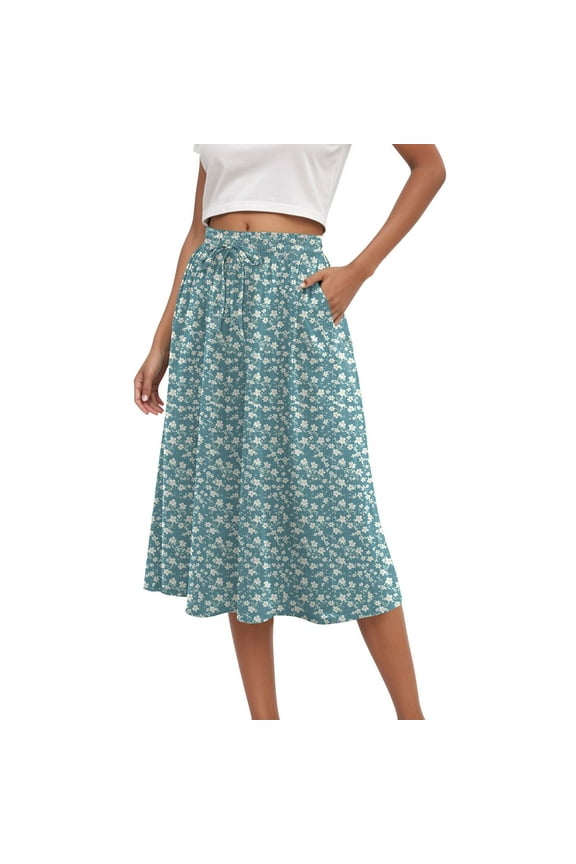 Women's Midi Skirts High Waisted Pleated A-Line Swing Skirts Summer Floral Long Skirts with Pockets Sky Blue, M