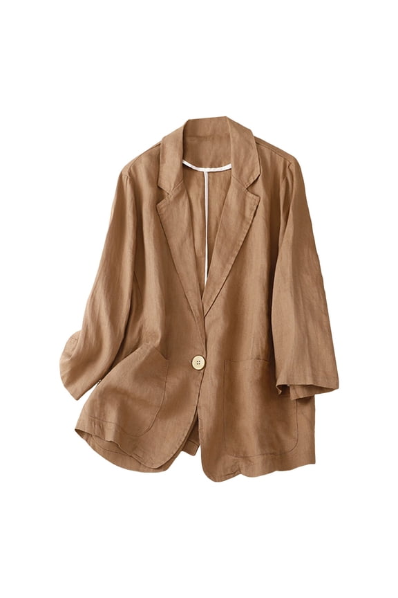 Women's One Button Linen Blazer Jackets Lapel 3/4 Sleeve Lightweight Breathable Casual Work Suit Blazer for Women Brown, XL