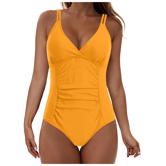 vigerkar Women's One Piece Swimsuit Tummy Control Deep V Neck Double Straps Bathing Suit Yellow, L