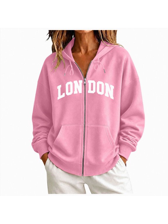 Women's Oversized Letter Print Zip Hoodie, Vintage Graphic Casual Jacket (Pink, 3XL)