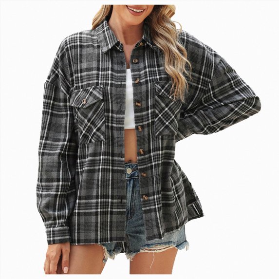vigerkar Women's Oversized Plaid Flannel Button Down Long Sleeve Fall Winter Jacket (Black, M)