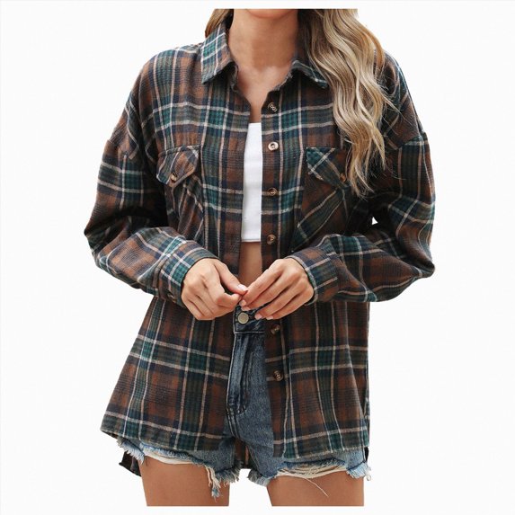 vigerkar Women's Oversized Plaid Flannel Button Down Long Sleeve Fall Winter Jacket (Coffee, M)