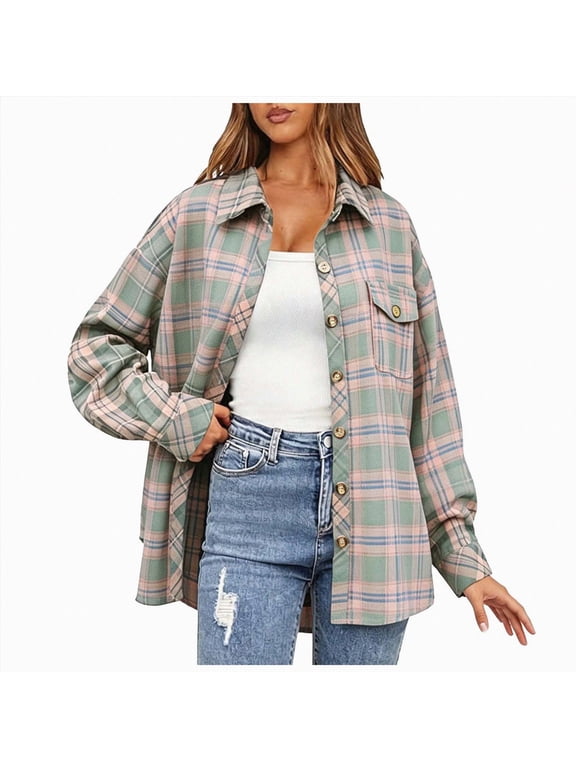 Women's Oversized Plaid Flannel Button Down Shacket Jacket with Pockets (Pink, L)