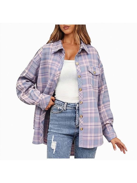 Women's Oversized Plaid Flannel Button Down Shacket Jacket with Pockets (Purple, XL)