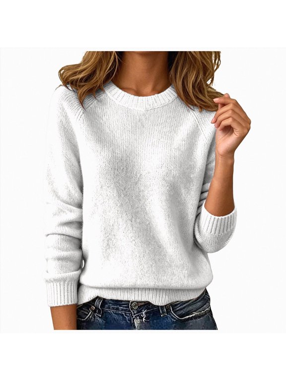 Women's Oversized Sweater Long Sleeve Crewneck Pullover Knit Tops, Casual Winter Clothing, Soft Cozy Style, Loose Knit Top, Essential Cold-Weather Layer (White, M)
