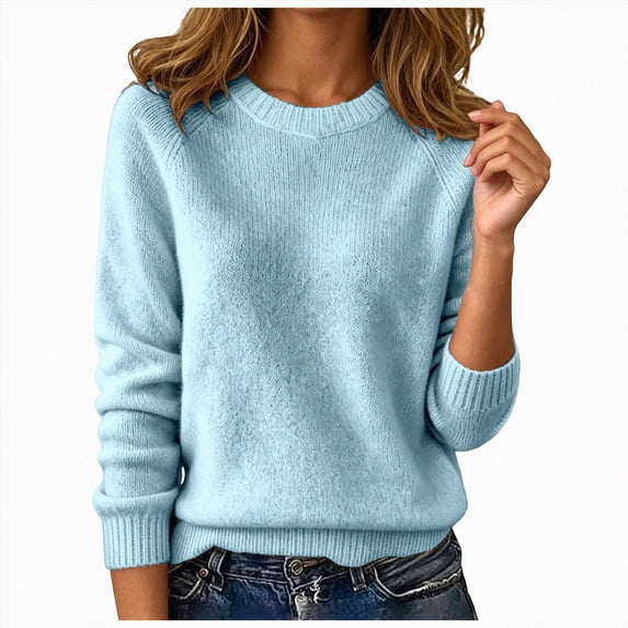 vigerkar Women's Oversized Sweater Long Sleeve Crewneck Pullover Knit Tops, Casual Winter Clothing, Soft Cozy Style, Loose Knit Top, Essential Cold-Weather Layer (Light Blue, S)