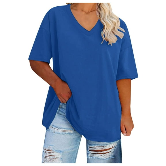 vigerkar Women's Oversized T Shirts V Neck Comfy Tees Summer Half Sleeve Casual Cozy Cotton Tunic Tops Plus Size Dark Blue, 3XL